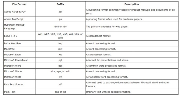 Table that describes different file formats and their purposes. 