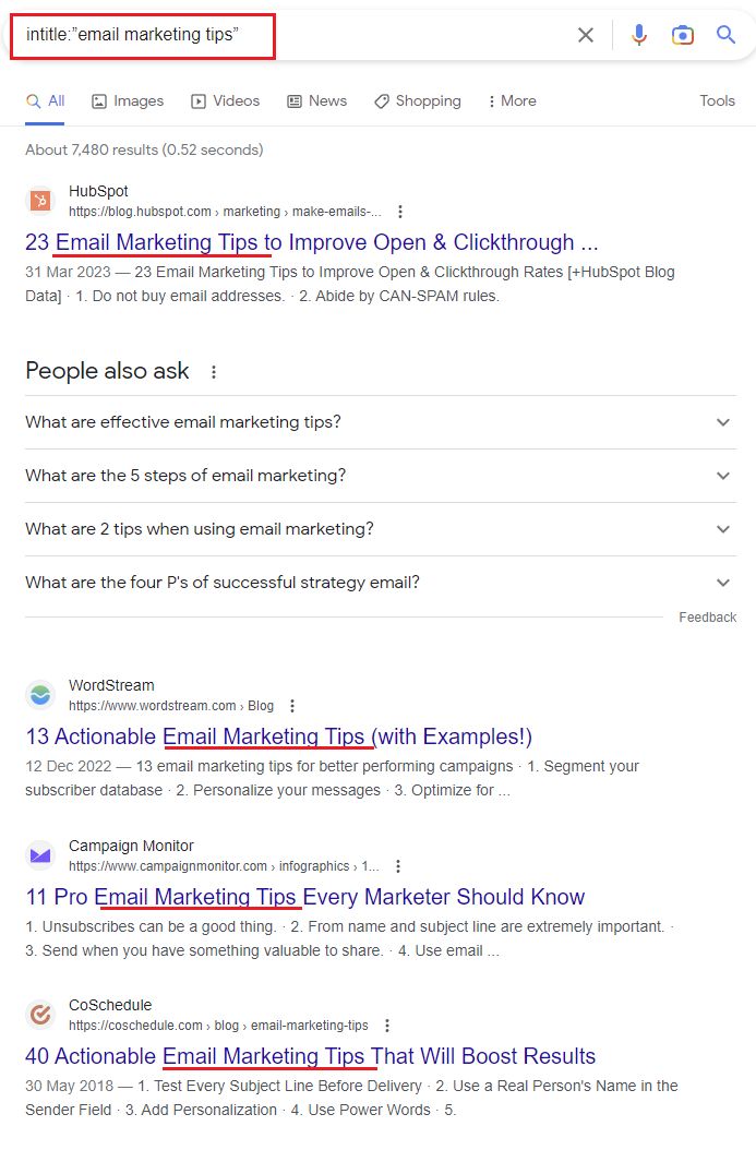 Google results for intitle:"email marketing tips". 