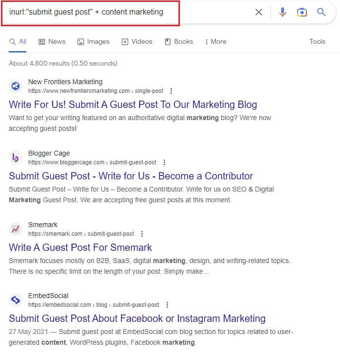 Google results for inurl:"submit guest post" + content marketing. 