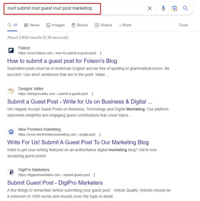 Google results for inurl:submit inurl:guest inurl:post marketing. 