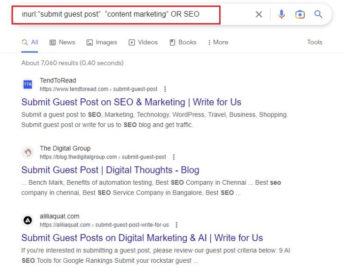 Google search results for Inurl:"submit guest post" "content marketing" or SEO. 