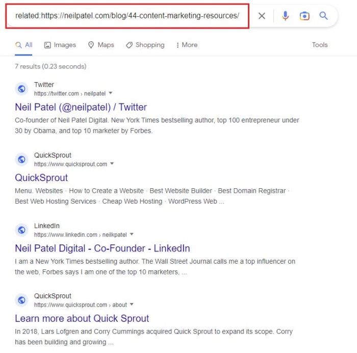 Google results for related:https://neilpatel.com/blog/44-content-marketing-resources/.
