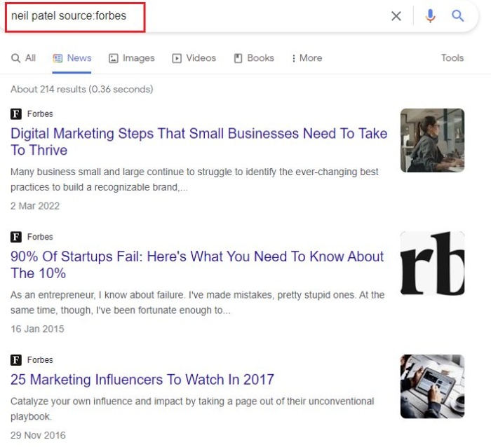 Google results for neil patel source: forbes. 