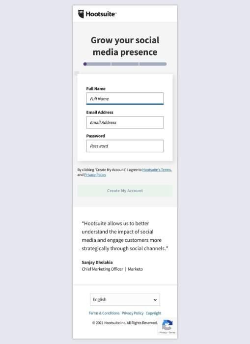 Hootsuite signup page. 