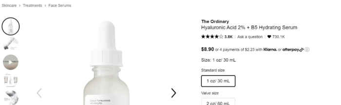 The ordinary hyaluronic acid product page. 