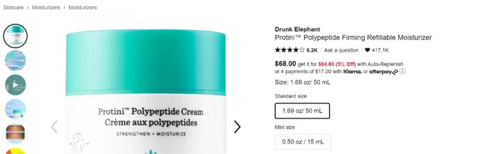 Drunk elephant protini polypeptide product page. 