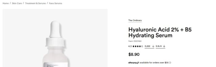 The ordinary hyaluronic acid product page ulta. 
