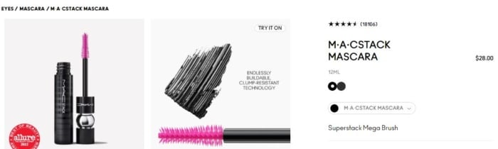 M.A.CStack Mascara product page. 