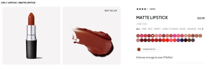 MAC Matte Lipstick product page. 