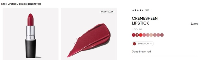 MAC Cremesheen lipstick product page. 
