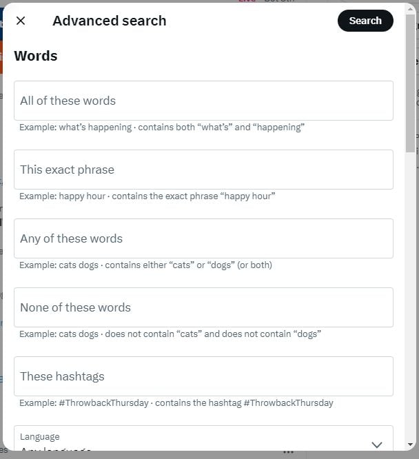 Advanced twitter search for various words. 