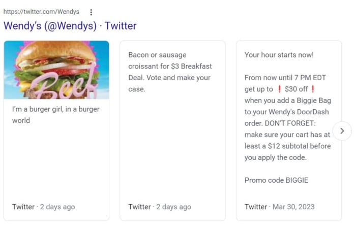 Wendy's twitter from google results. 