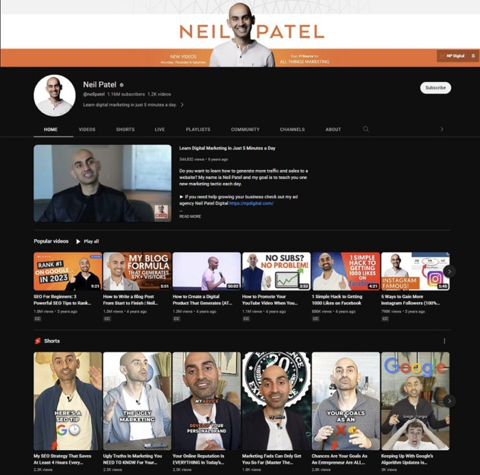 Neil Patel Youtube channel. 