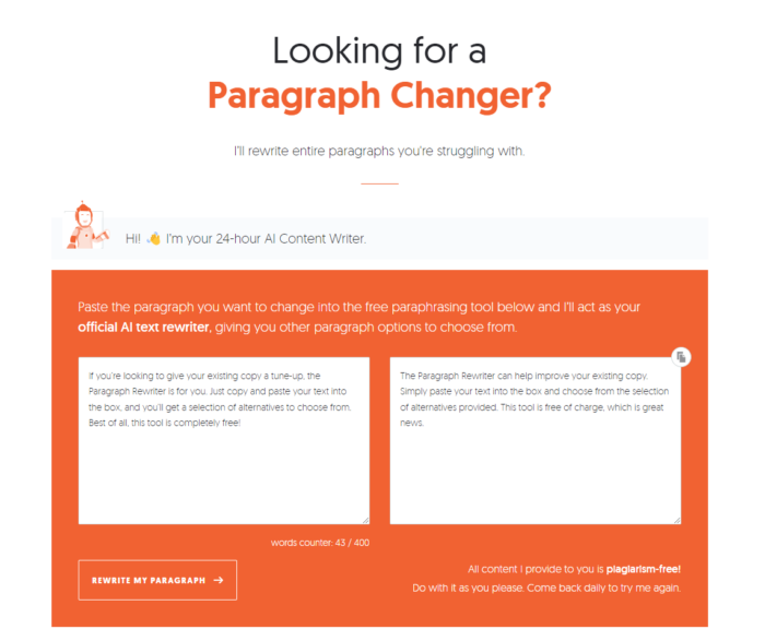 Homepage of Paragraph Rewriter, with sample paragraph and revised alternative.