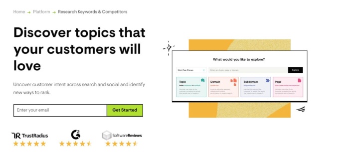 Landing page of Conductor’s keyword research tool ‘discover topics that your customers will love.’