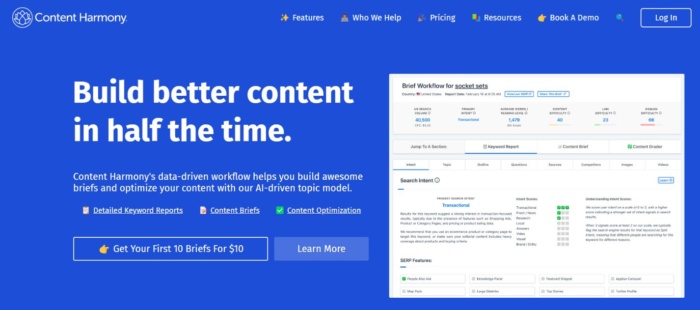 Content Harmony landing page ‘build better content in half the time.’