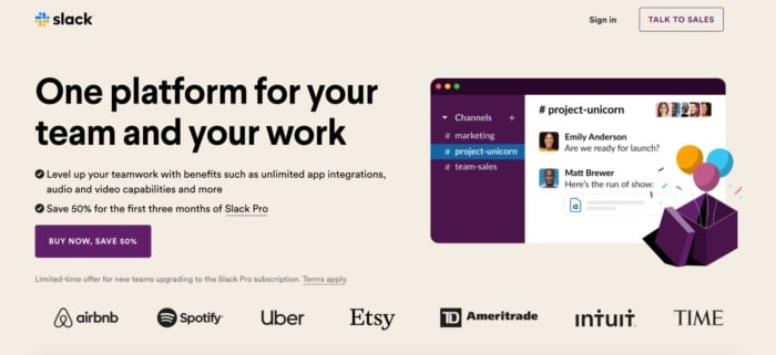 Slack landing page example. 