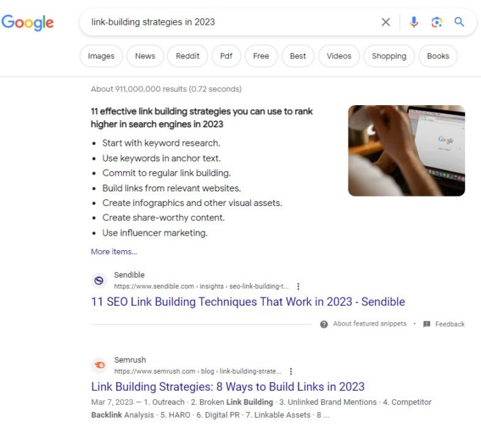 Google results for link-building strategies in 2023. 