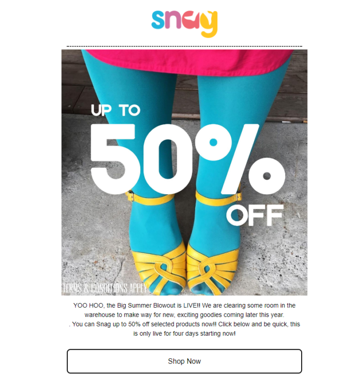 Snag Tights email advertising a 50% off sale.