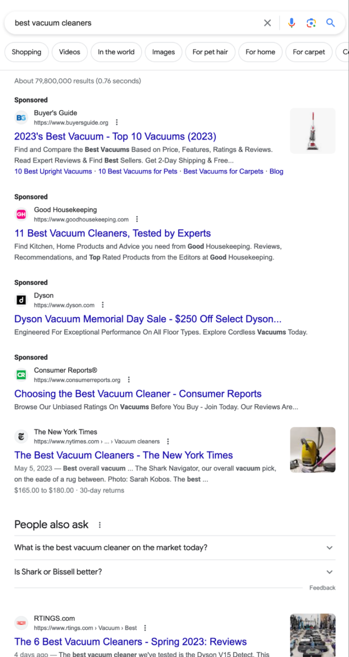 A search query for "best vacuum cleaners."