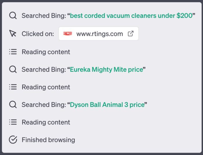 A set of vacuum-based queries in Bing.