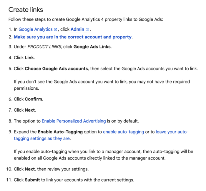 Steps to link GA4 properties to Google Ads.