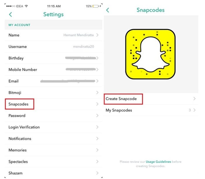 Creating a snapcode in Snapchat. 