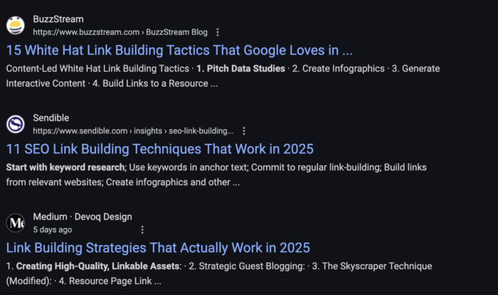 Google results for link-building strategies in 2025.