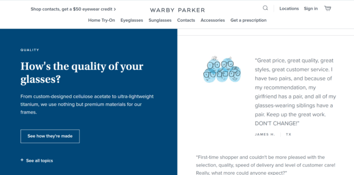 Customer testimonials from Warby Parker.