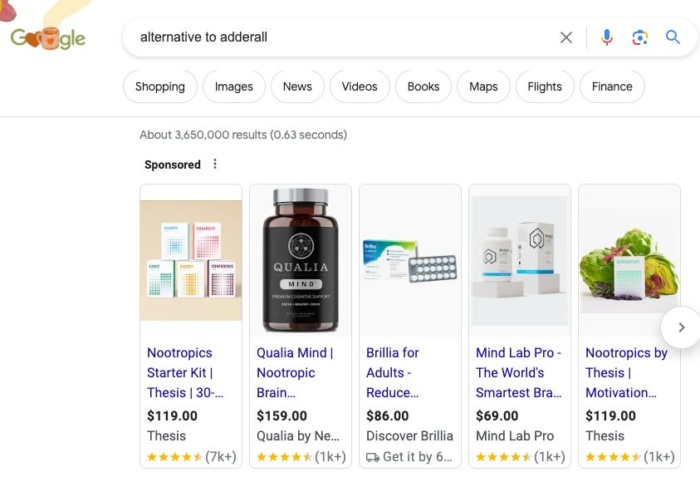 Google results for alternatives to adderall. 