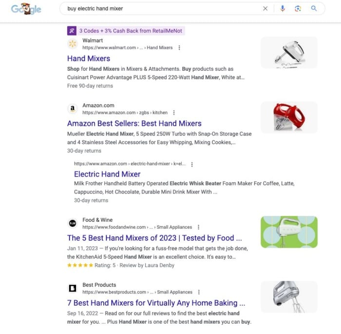 Google results for "buy electric hand mixer". 