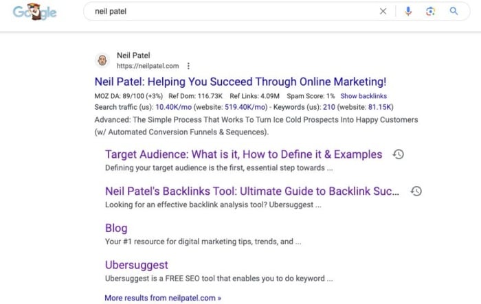 Google results for Neil Patel. 