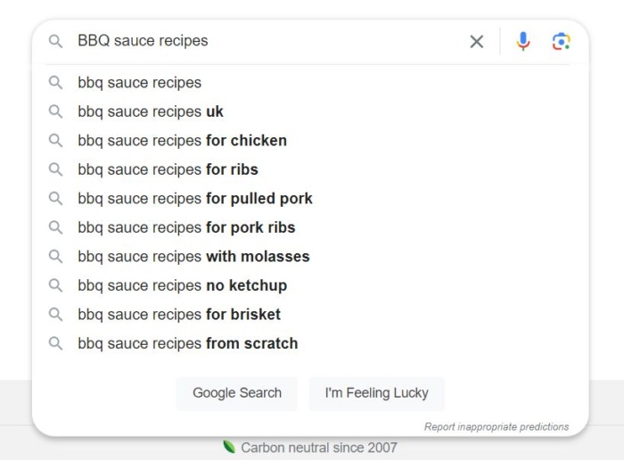 Autosuggest on Google Search for the phrase ‘BBQ sauce recipes.’