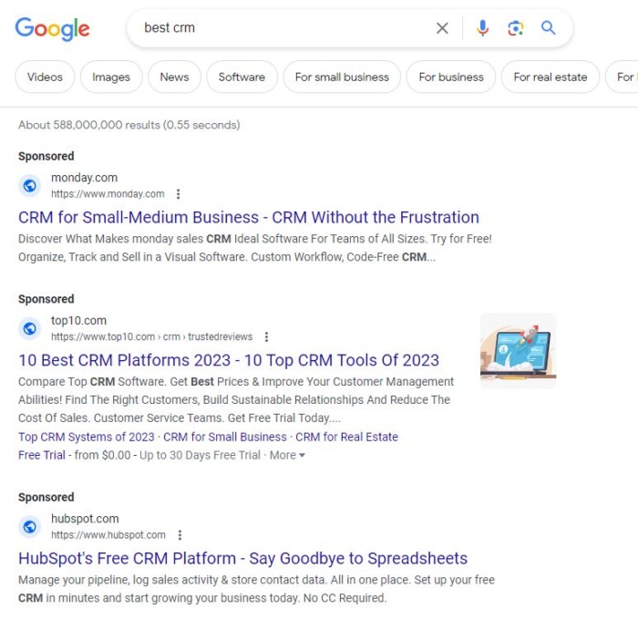 Google results of best CRMs. 