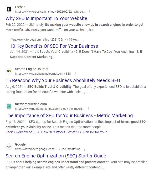 Google results for "is seo good for my website". 