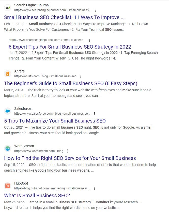 Google results for Small business SEO. 