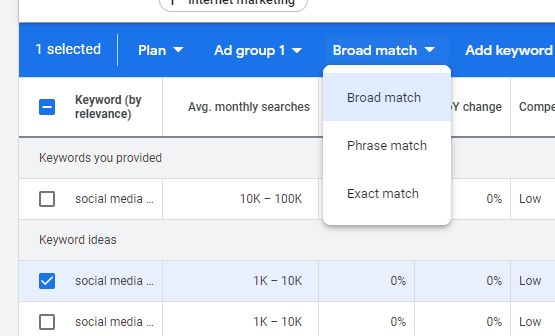 Selecting match types in ubersuggest. 