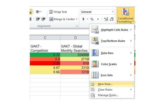 Creating a new conditional formatting rule in Excel. 