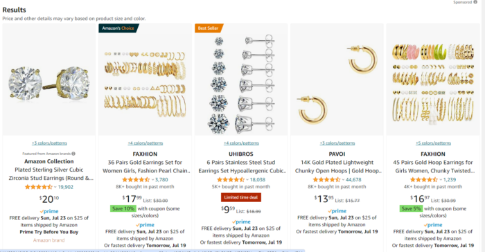 Earrings listings on Amazon.