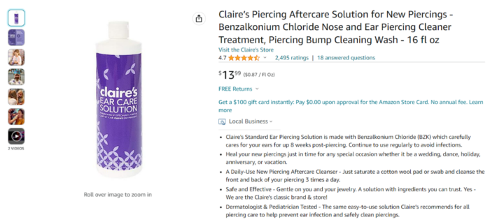 A Claire's listing on Amazon.