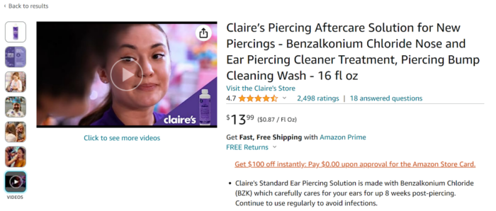 A Claire's product listing.