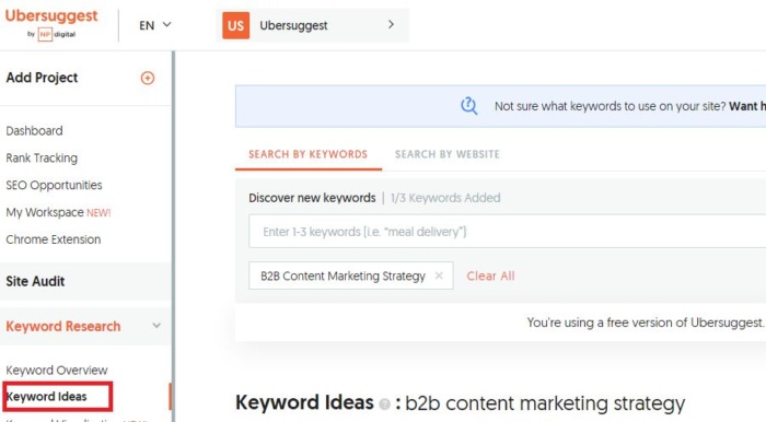 Ubersuggest keyword ideas search  best content length SEO
