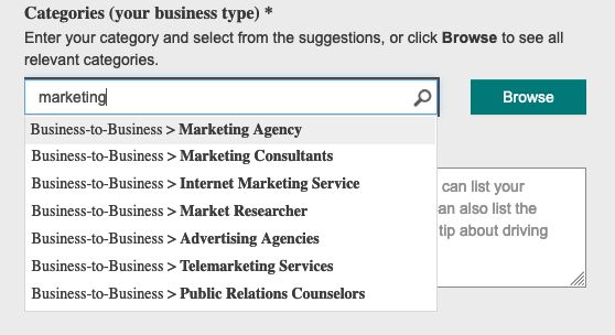Categories of businesses on Bing. 
