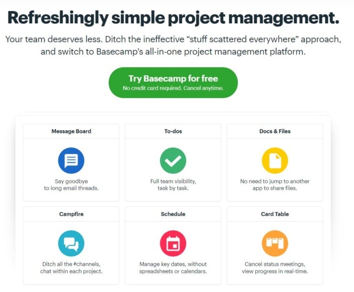 Basecamp project management home page content marketing tools