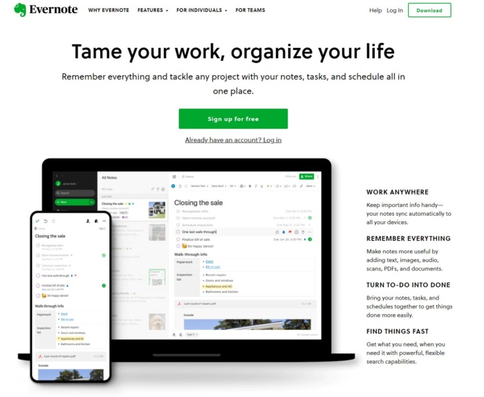 Evernote home page content marketing tools