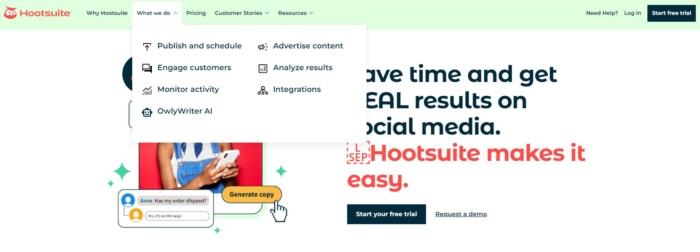 Hootsuite services page content marketing tools