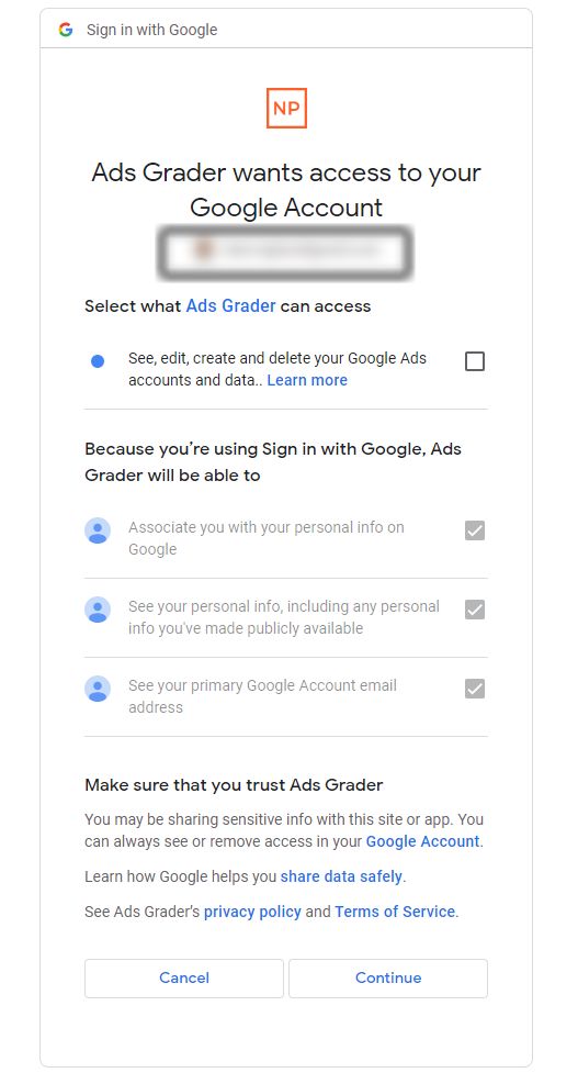 Google asking for access to gmail. 