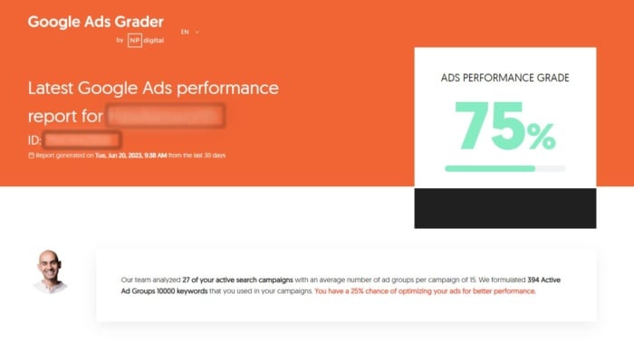 Neil Patel Digital Google Ads Grader performance grade. 