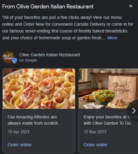Olive Garden GMB cta example Google My Business