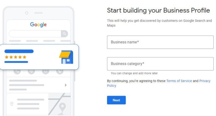 Google Start Building my profile page on Google My Business